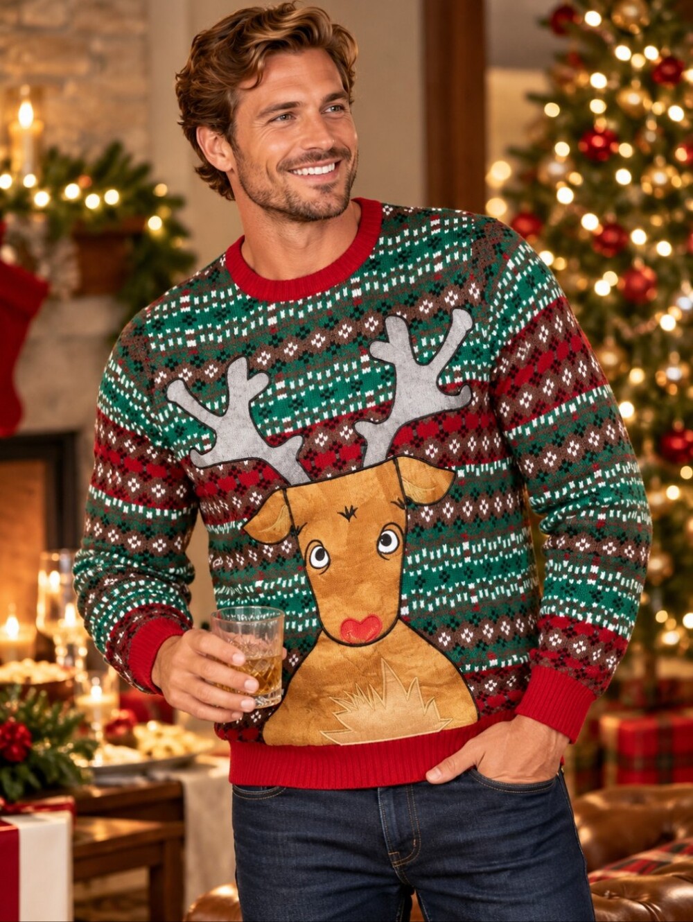 Blizzard Bay Men's Ugly Christmas Sweater Reindeer Drink Pocket Novelty Sz XL